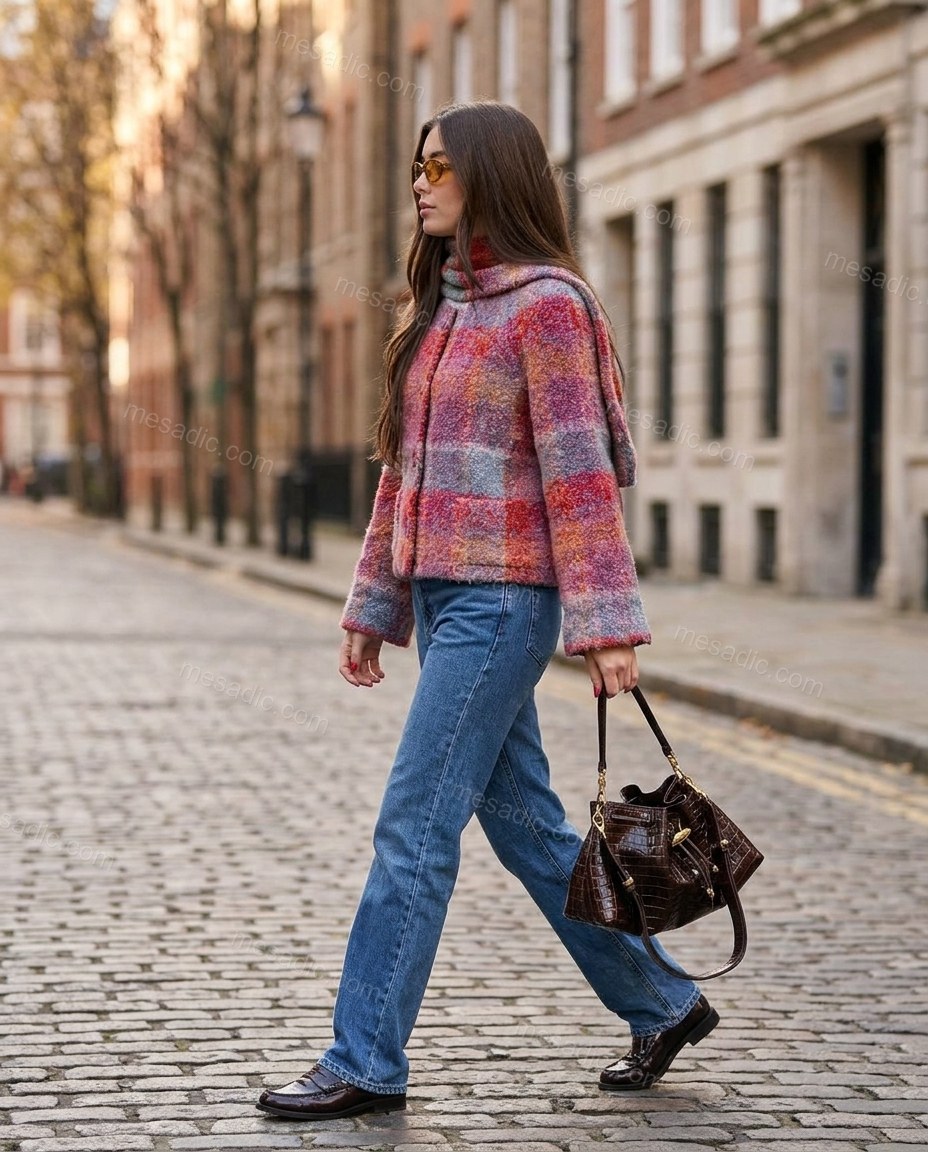 Pink Plaid Knit Cardigan, walking lifestyle view, by mesadic.com
