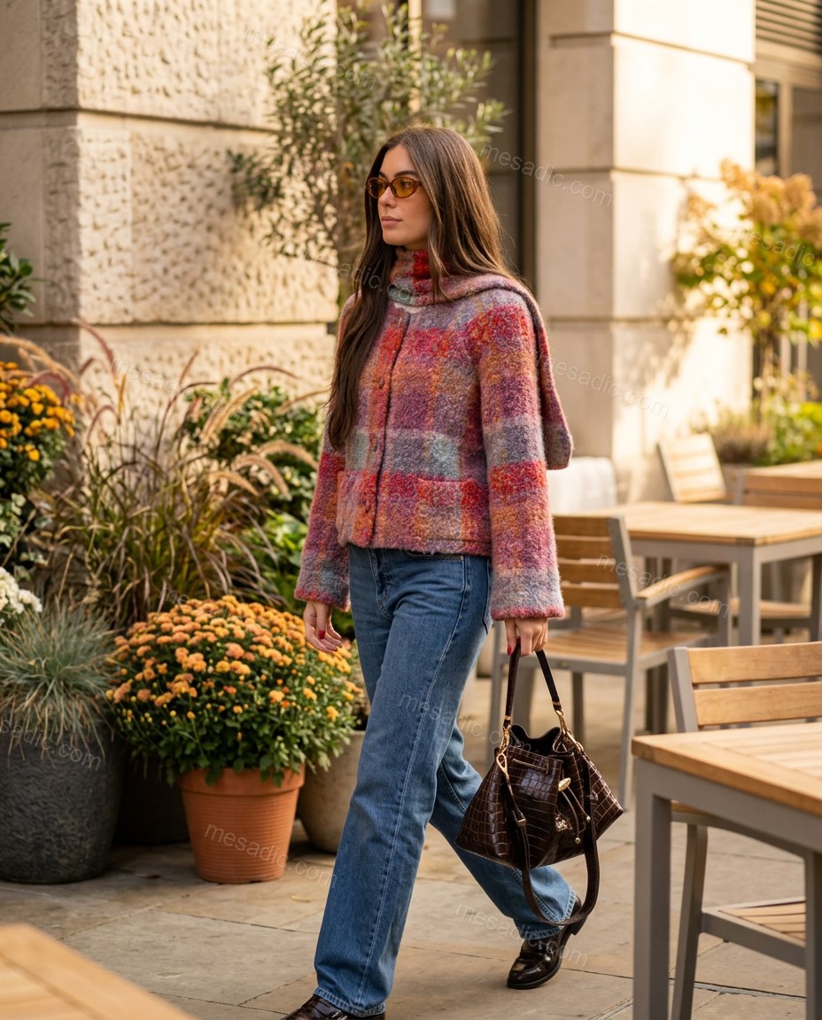 Pink Plaid Knit Cardigan, alternate use-case lifestyle view, by mesadic.com
