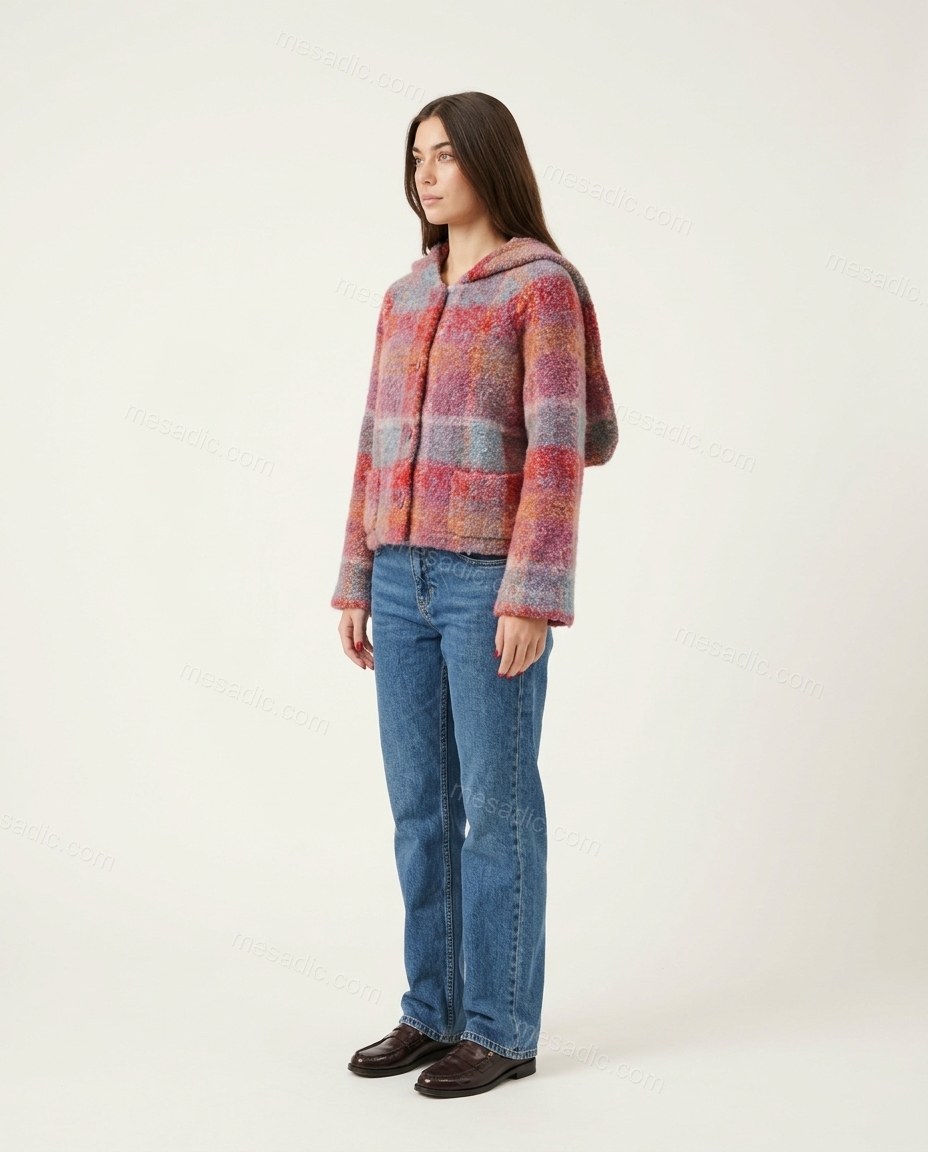 Pink Plaid Knit Cardigan, side and back studio view showing unclear, no clear back view, by mesadic.com