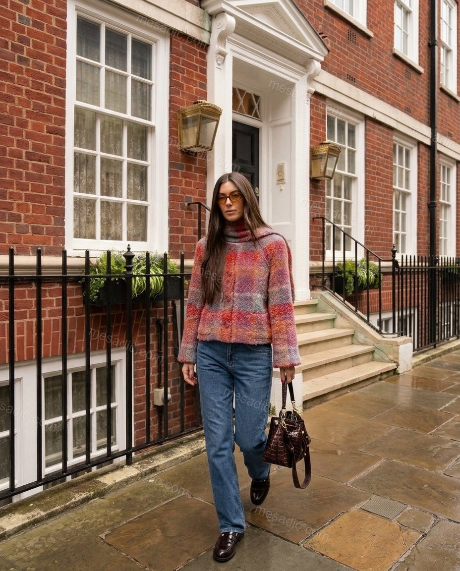 Pink Plaid Knit Cardigan, full-length hero view, by mesadic.com