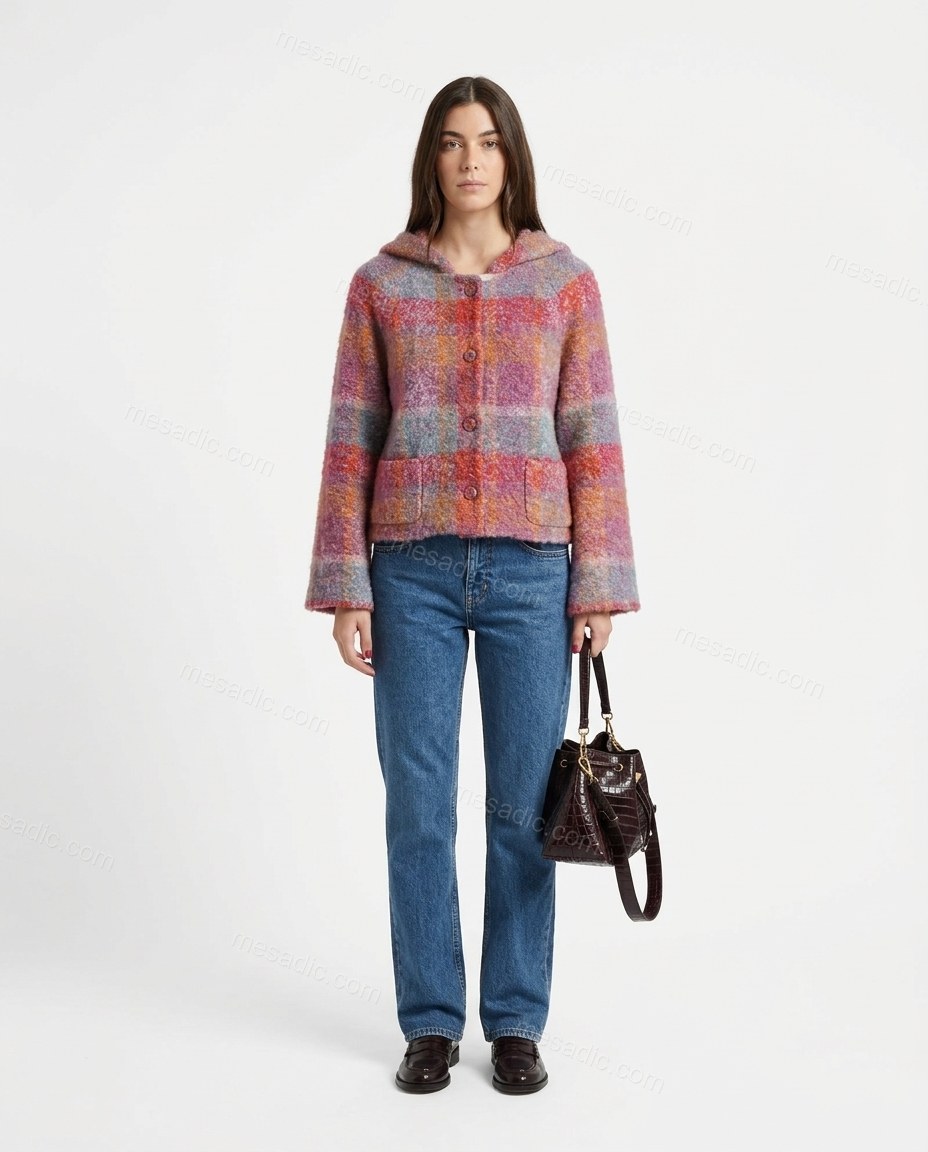 Pink Plaid Knit Cardigan, front studio view, by mesadic.com