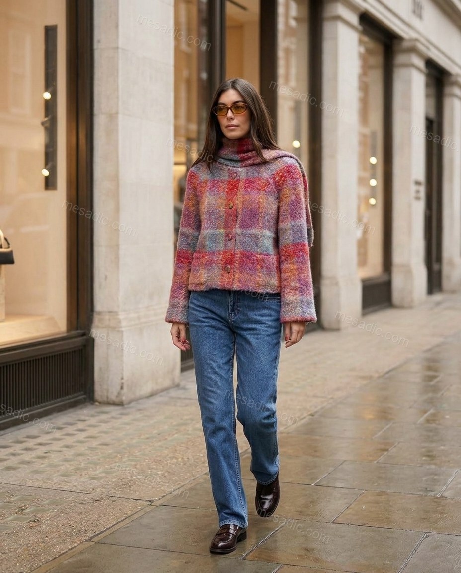 Pink Plaid Knit Cardigan, movement and fit lifestyle view, by mesadic.com