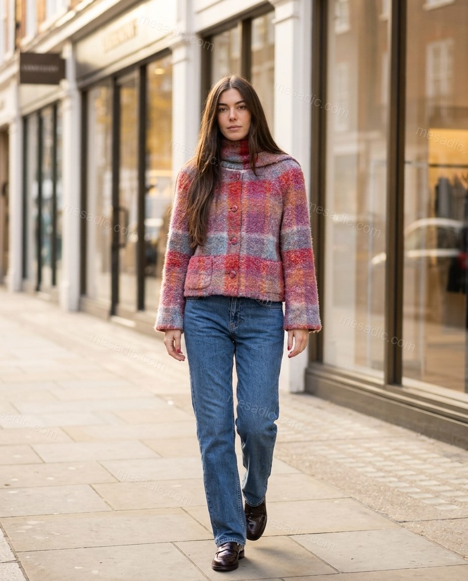 Pink Plaid Knit Cardigan, three-quarter brand lifestyle view, by mesadic.com