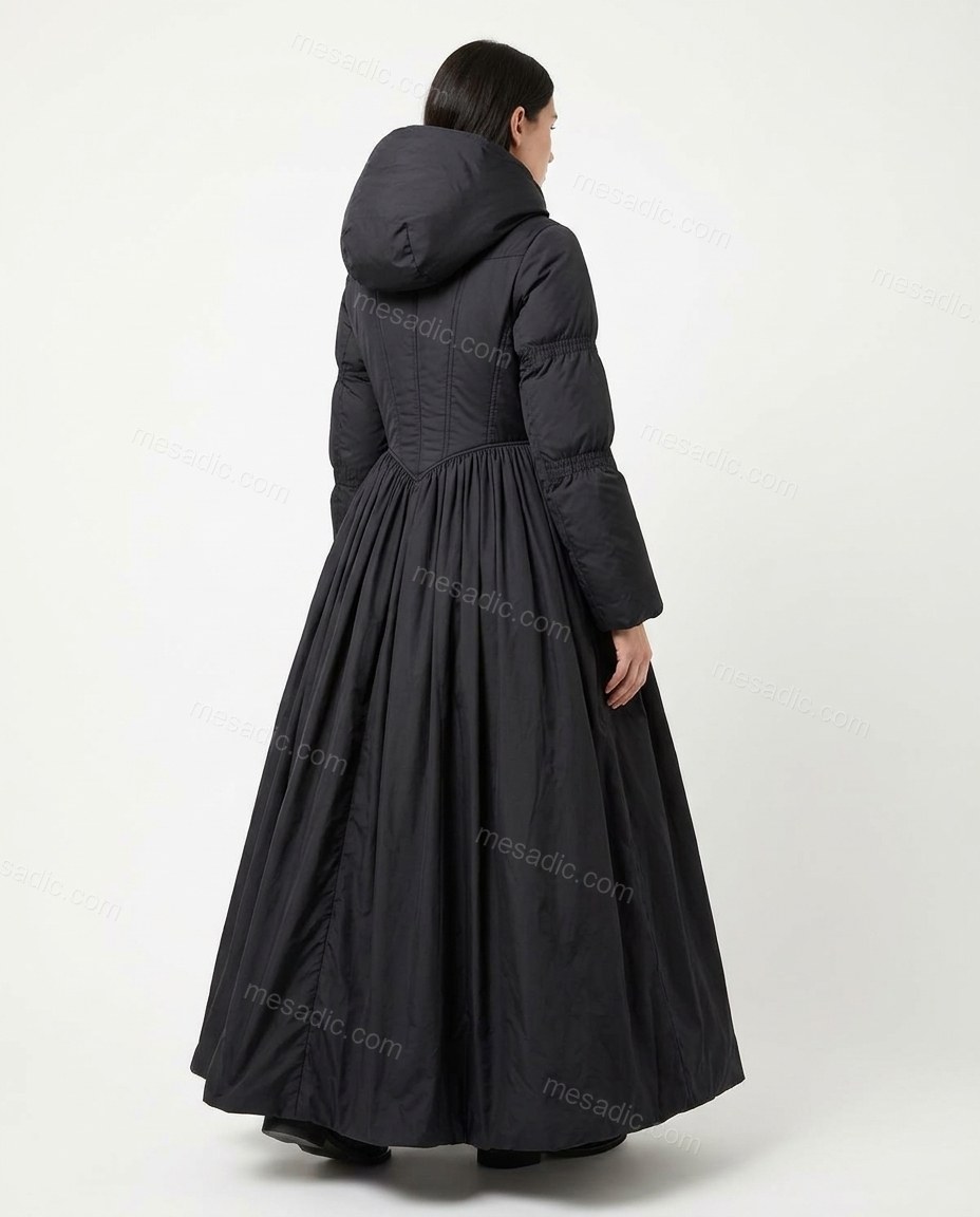 Black Coat, back studio view showing gathered back with structured bodice, by mesadic.com