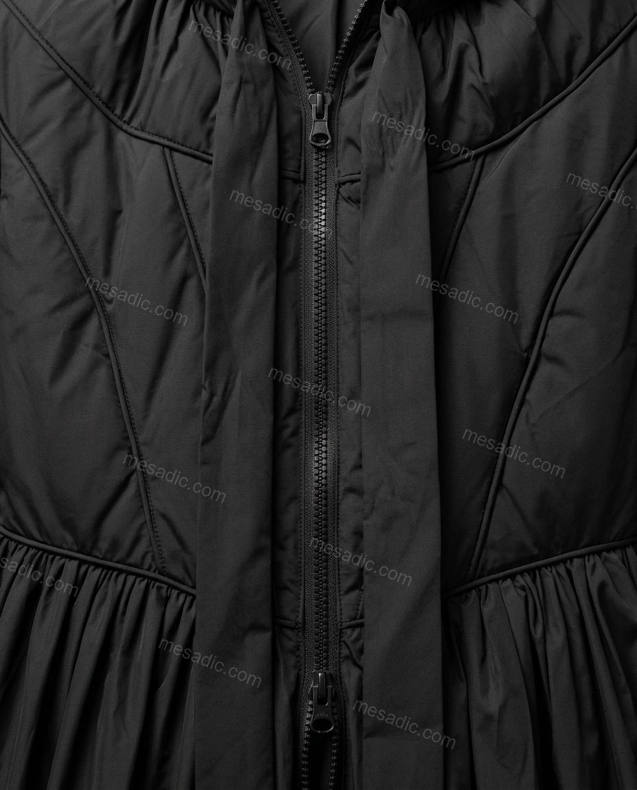 Black Coat, close-up of hood, full-zip front and gathered skirt, by mesadic.com