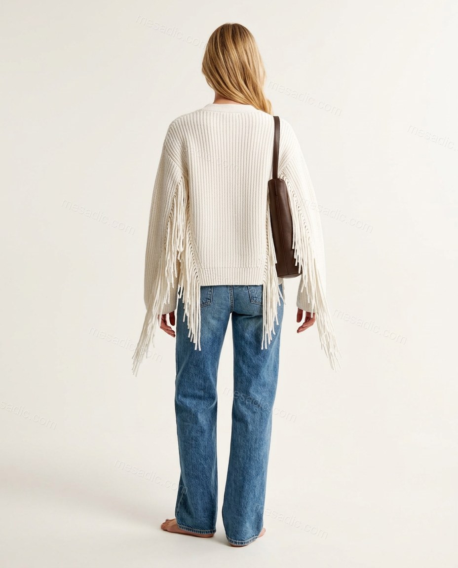 Beige Fringe Knit Ribbed Cardigan, back studio view showing clean plain knit back with drop shoulder construction, by mesadic.com