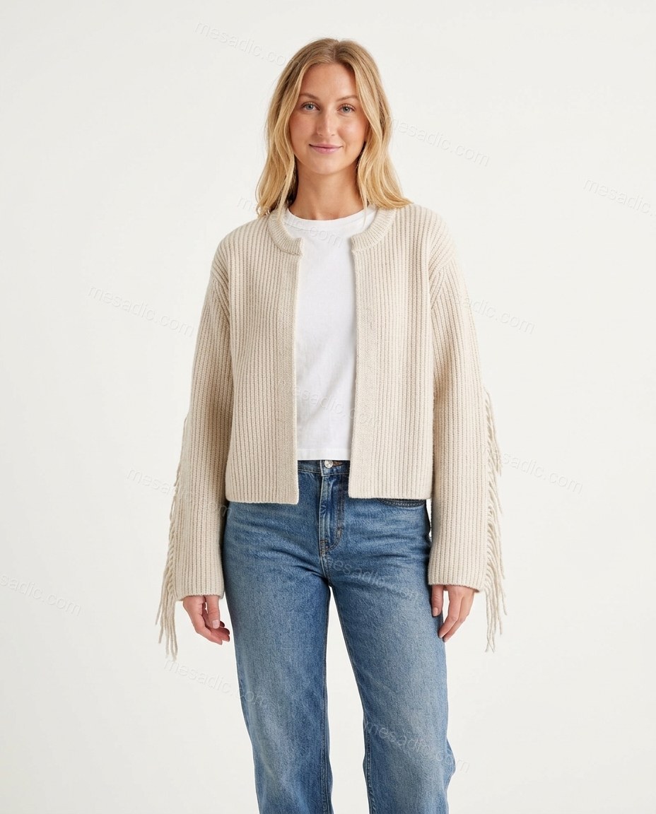 Beige Fringe Knit Ribbed Cardigan, front studio view, by mesadic.com