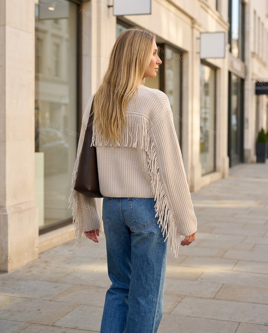 Beige Fringe Knit Ribbed Cardigan, alternate use-case lifestyle view, by mesadic.com