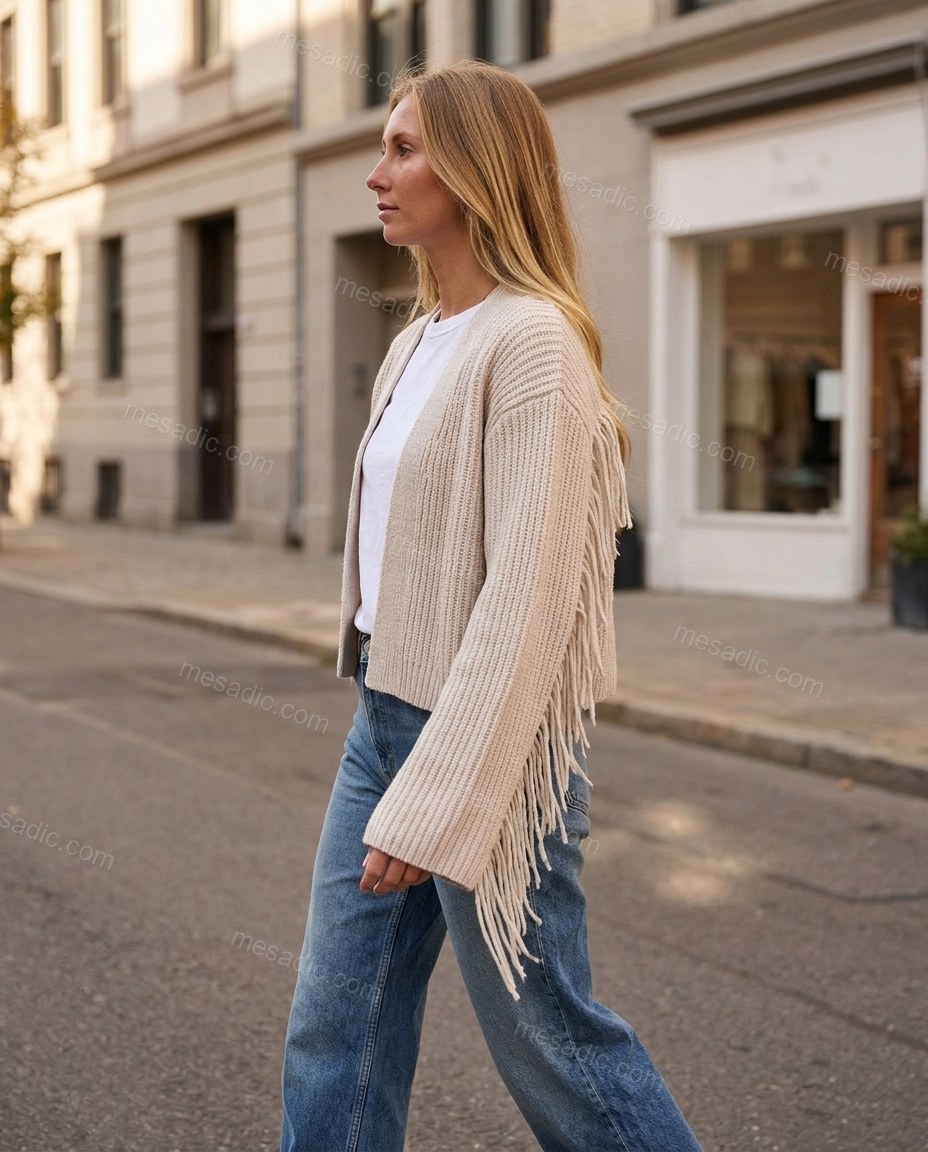 Beige Fringe Knit Ribbed Cardigan, walking lifestyle view, by mesadic.com