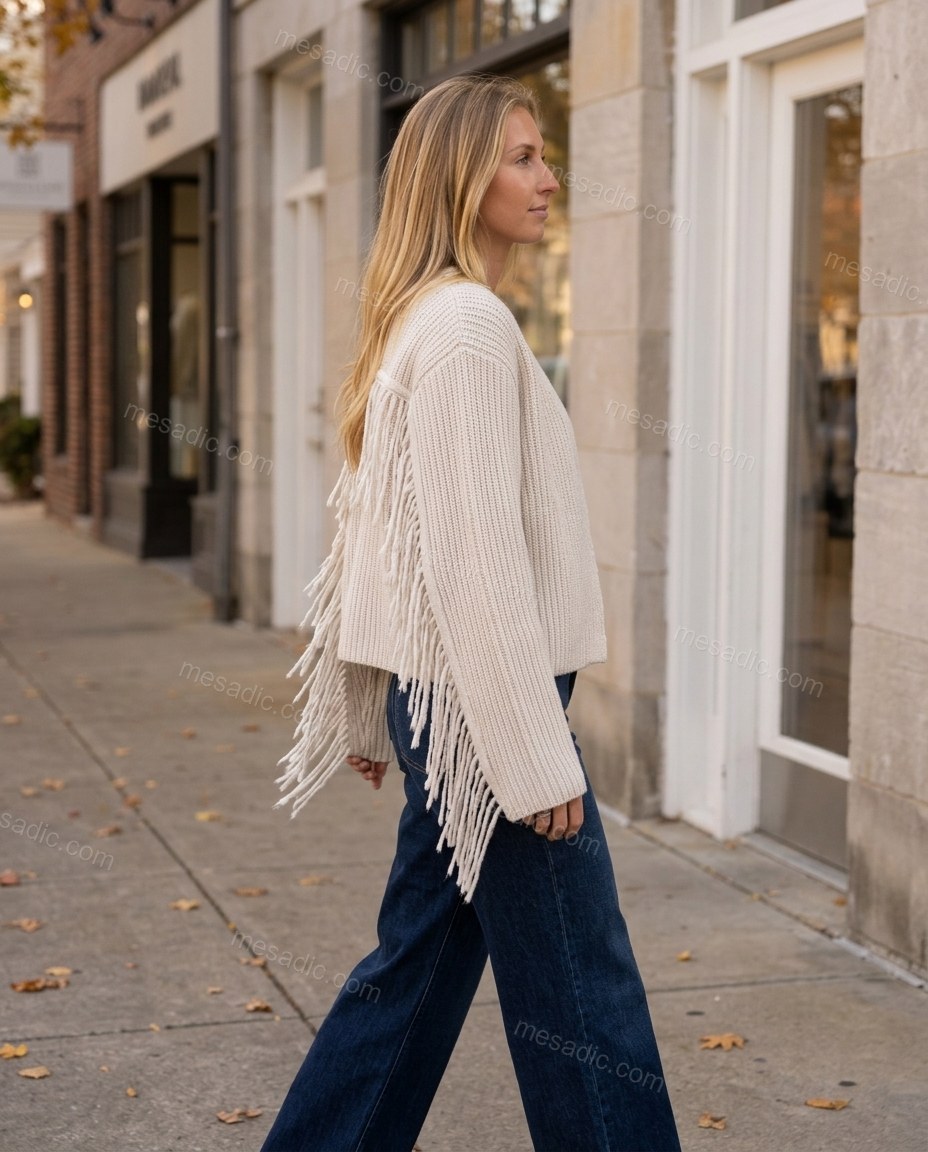 Beige Fringe Knit Ribbed Cardigan, movement and fit lifestyle view, by mesadic.com
