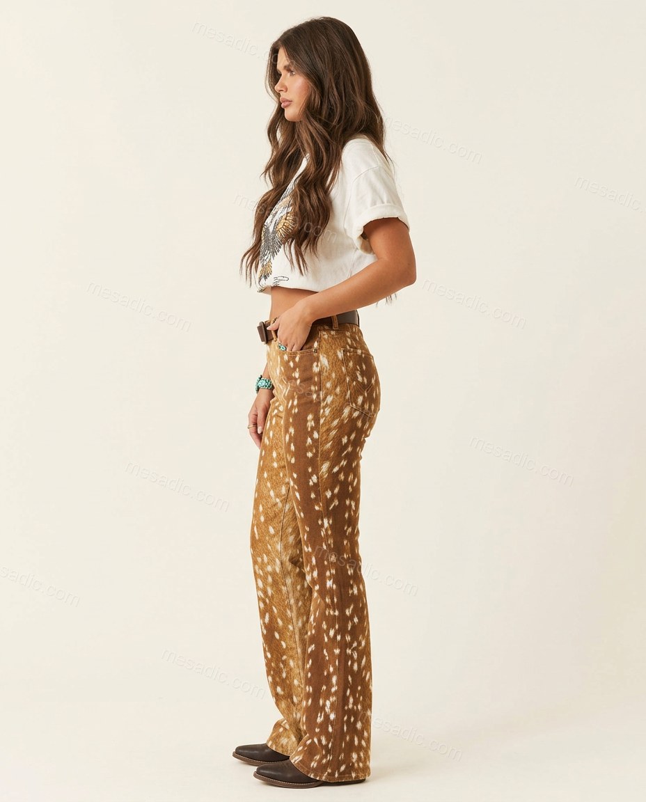 White Animal Print Denim Pants Set, side and back studio view, by mesadic.com