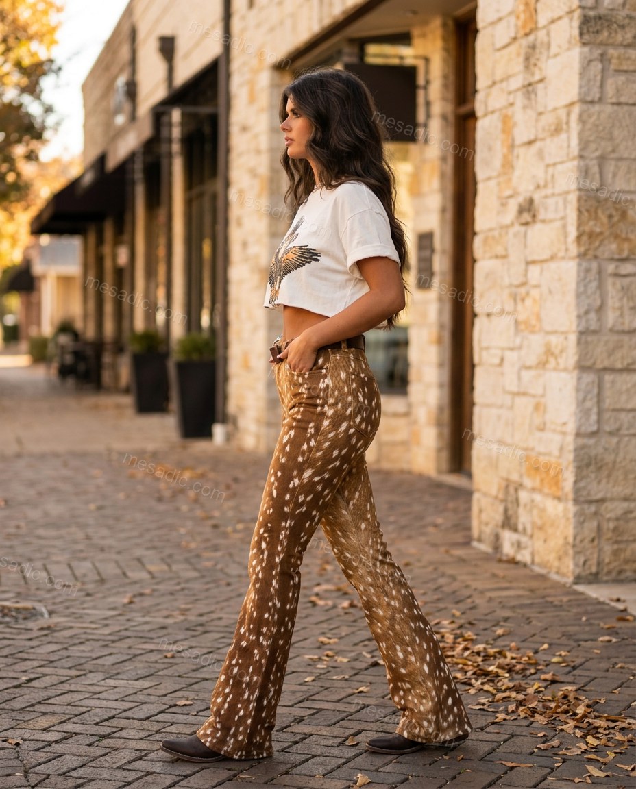 White Animal Print Denim Pants Set, three-quarter brand lifestyle view, by mesadic.com