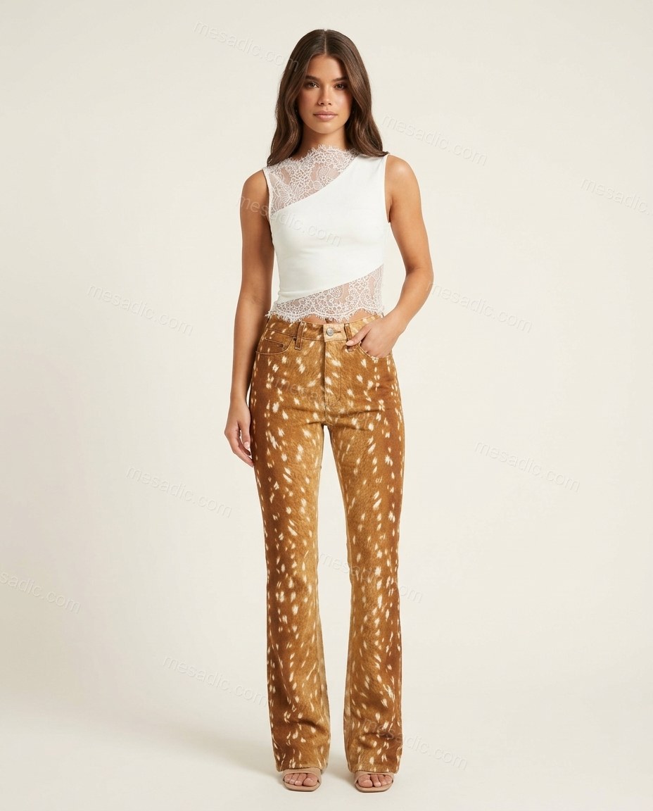 White Animal Print Denim Pants Set, front studio view, by mesadic.com