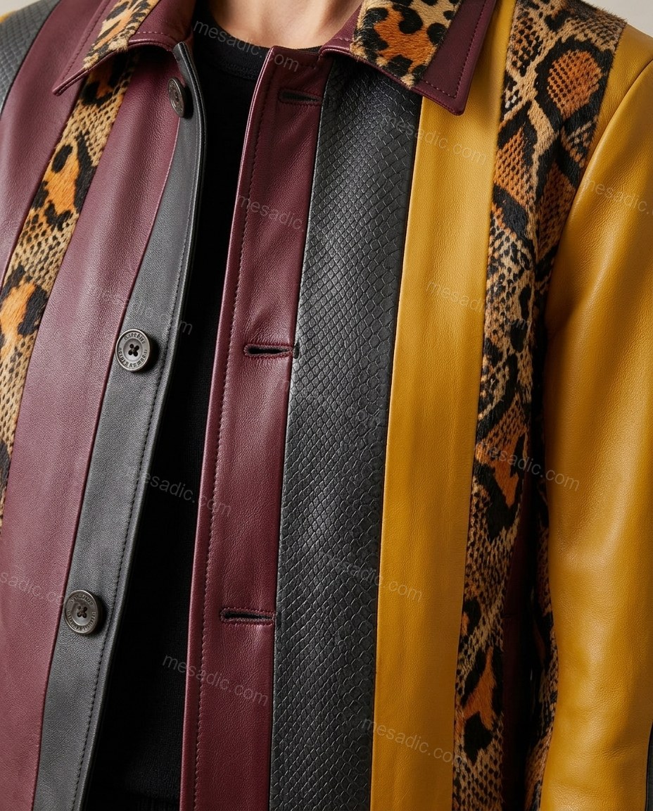 Multi Two-Piece Set, close-up of burgundy and yellow accents, button closure and front placket, by mesadic.com