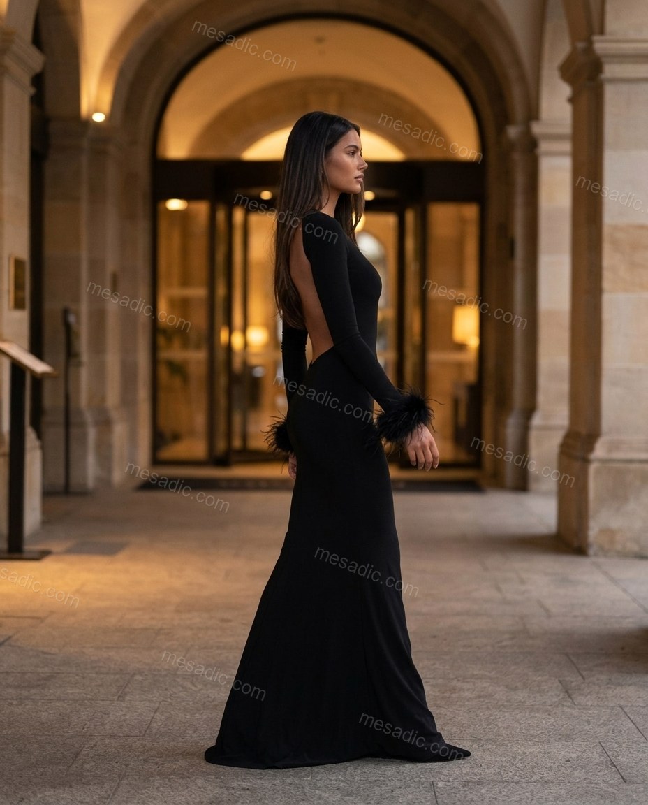 Black Open-Back Feather-Trim Knit Dress, walking lifestyle view, by mesadic.com