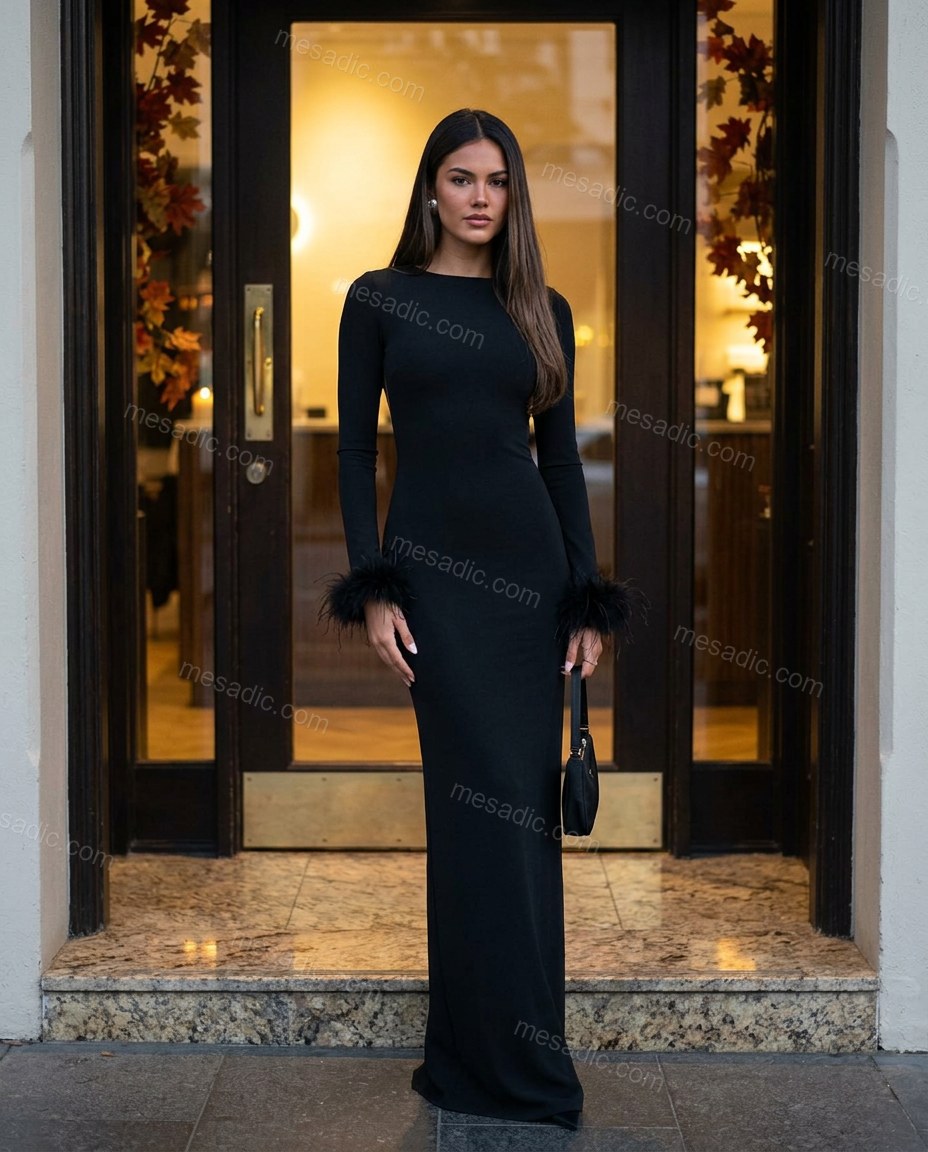 Black Open-Back Feather-Trim Knit Dress, alternate use-case lifestyle view, by mesadic.com