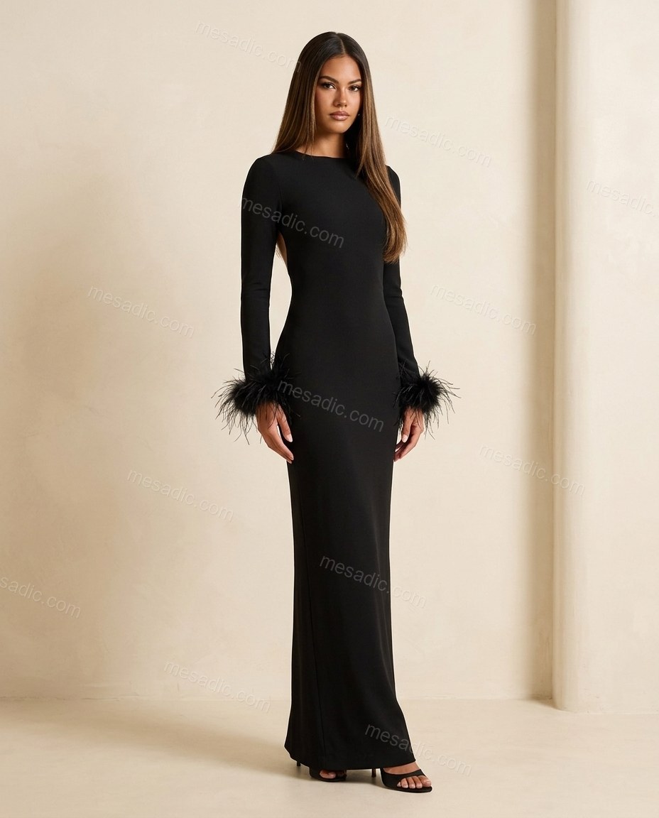 Black Open-Back Feather-Trim Knit Dress, full-length hero view, by mesadic.com