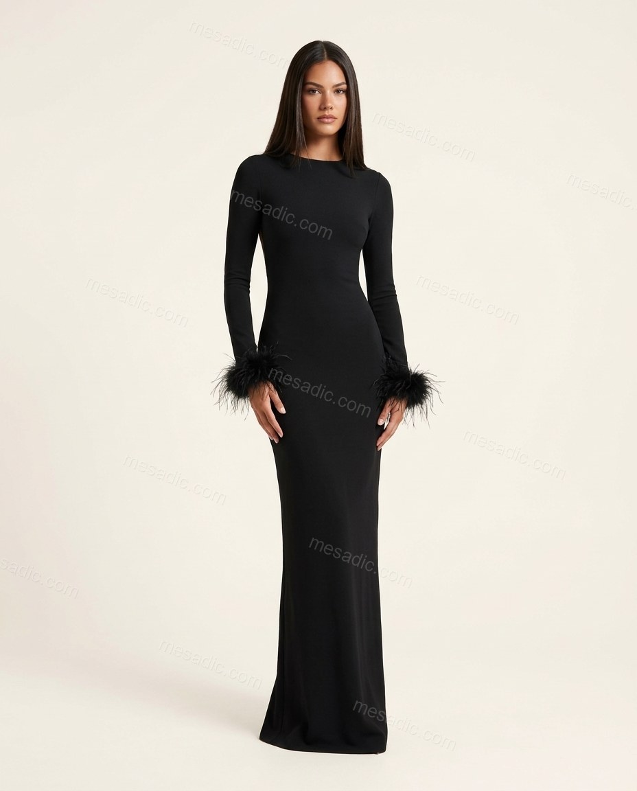 Black Open-Back Feather-Trim Knit Dress, front studio view, by mesadic.com