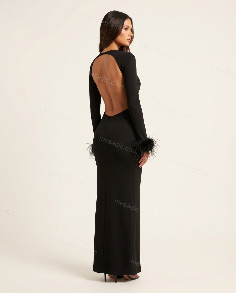 Black Open-Back Feather-Trim Knit Dress, back studio view showing dramatic deep open back with fitted silhouette, by mesadic.com