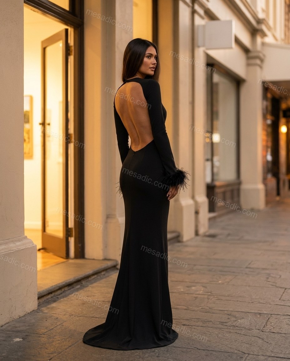 Black Open-Back Feather-Trim Knit Dress, movement and fit lifestyle view, by mesadic.com