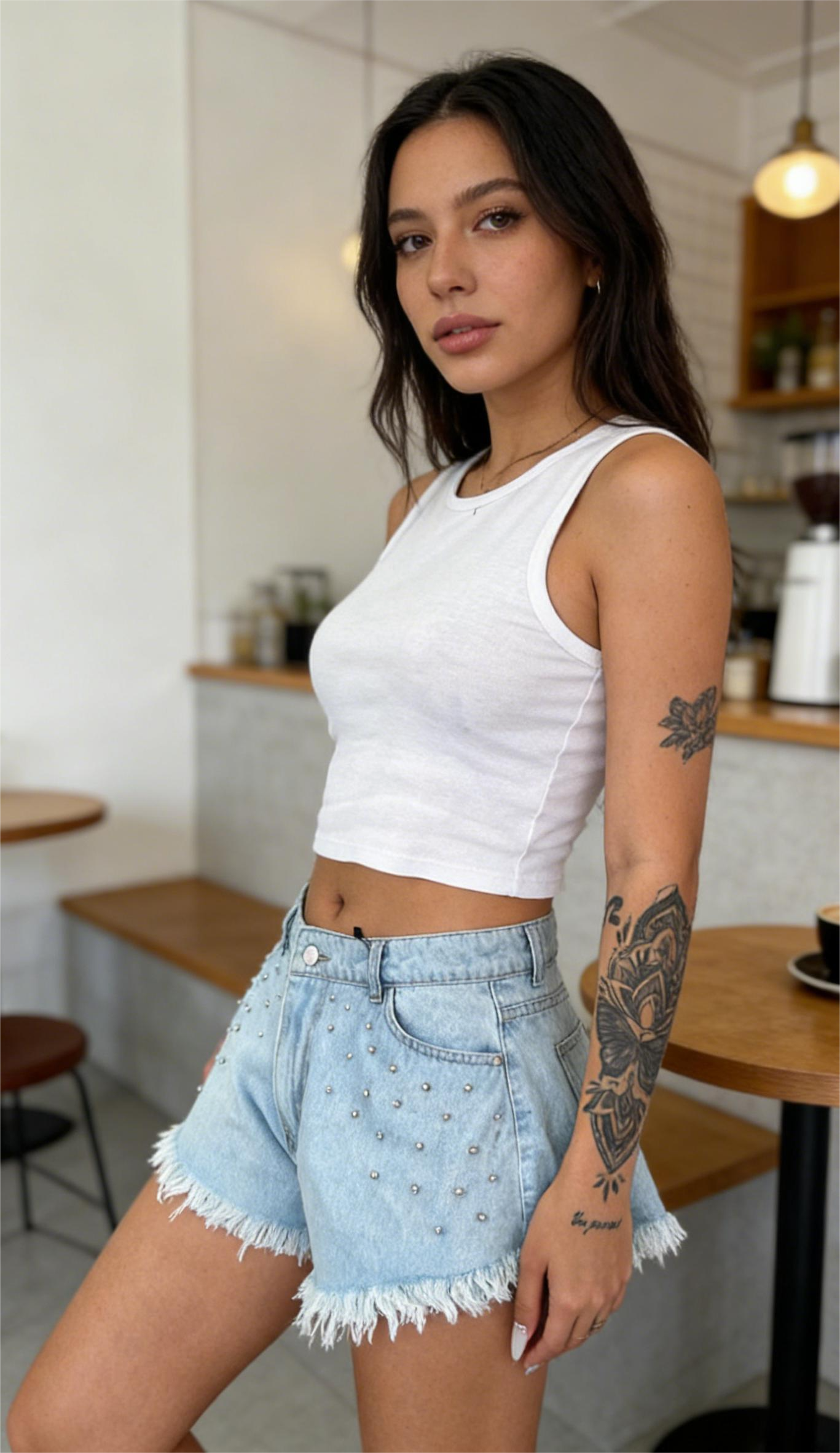 Light-colored washed denim studded shorts-Mesadic