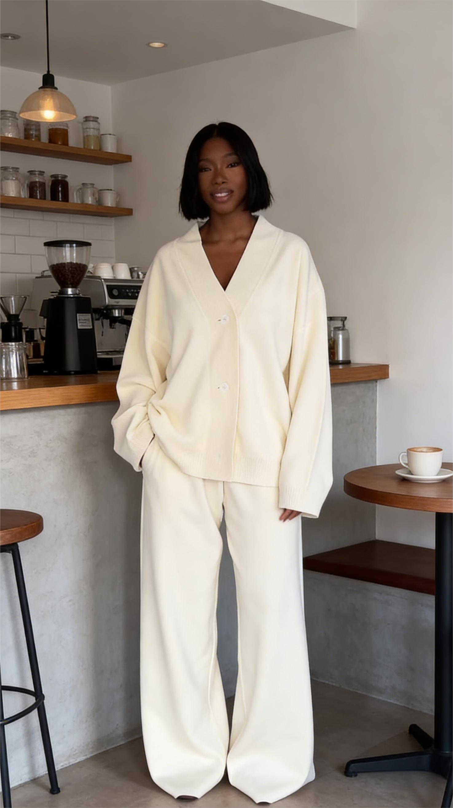 Ivory loose-fitting knit sweater and wide-leg pants set-Mesadic