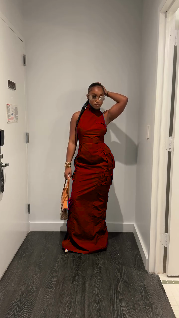 Olive Green Sleeveless High - Neck Maxi Dress-Mesadic