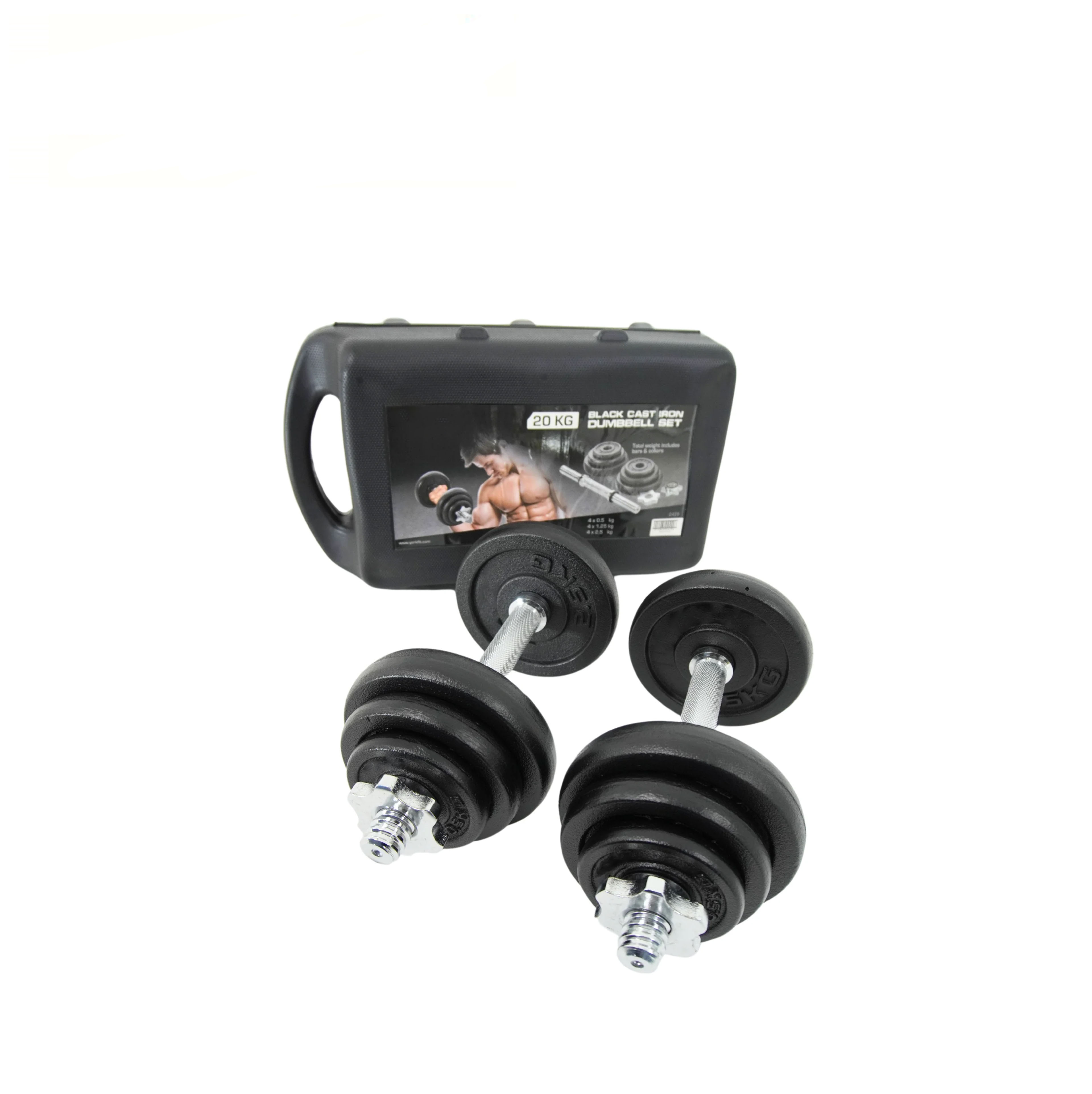 B2429 Fitness 20kg Black Cast Iron Dumbbell Set and Case