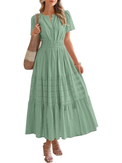 Womens Summer 2026 Casual Midi Maxi Dresses Lightweight Short Sleeve V Neck Elastic Waist Boho Beach Dress Pockets