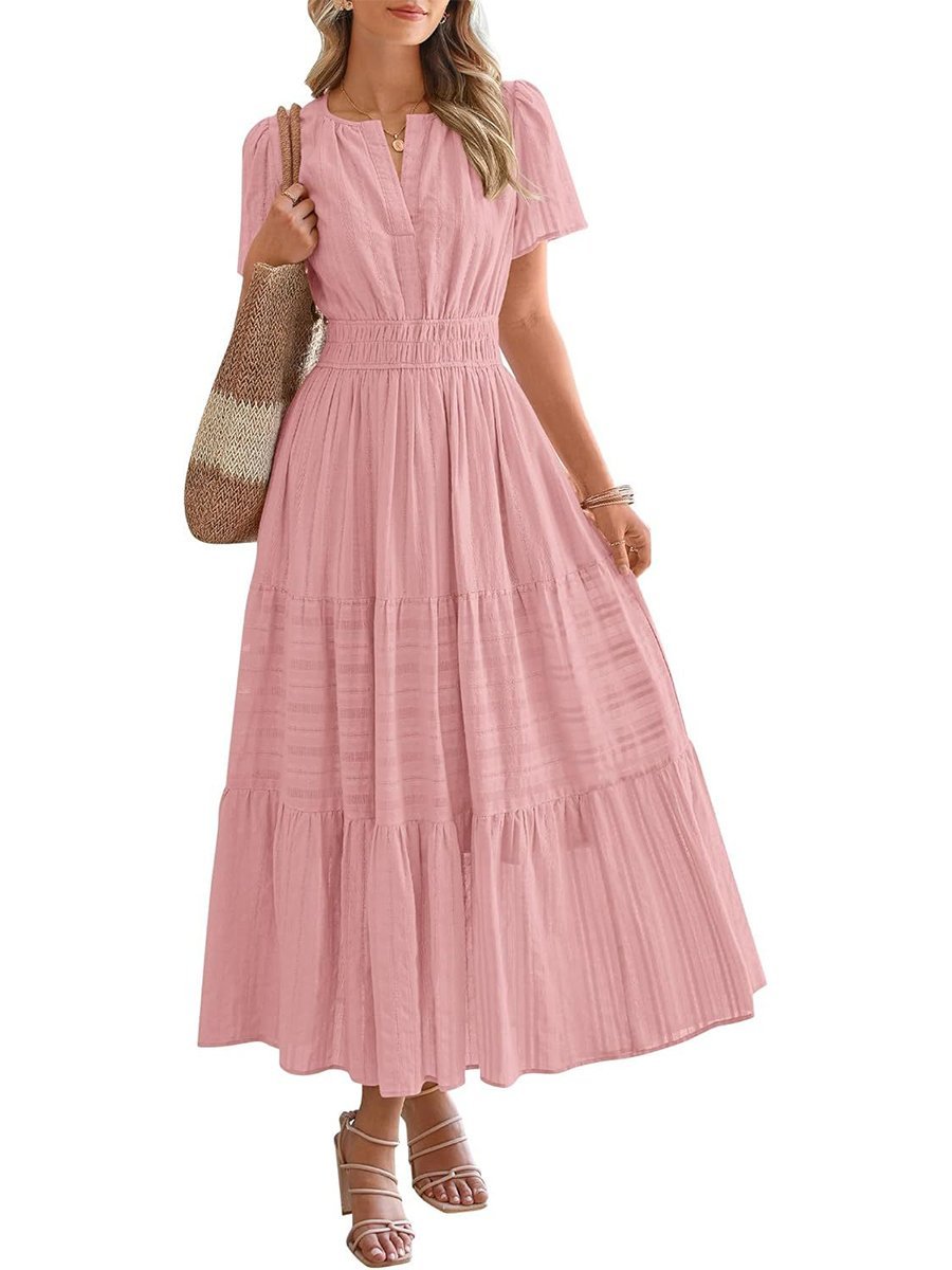 Womens Summer 2026 Casual Midi Maxi Dresses Lightweight Short Sleeve V Neck Elastic Waist Boho Beach Dress Pockets