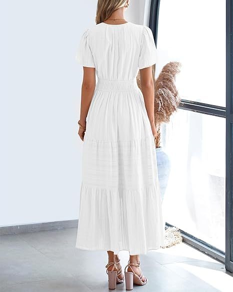 Womens Summer 2026 Casual Midi Maxi Dresses Lightweight Short Sleeve V Neck Elastic Waist Boho Beach Dress Pockets