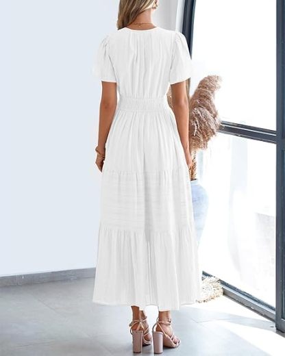 Womens Summer 2026 Casual Midi Maxi Dresses Lightweight Short Sleeve V Neck Elastic Waist Boho Beach Dress Pockets