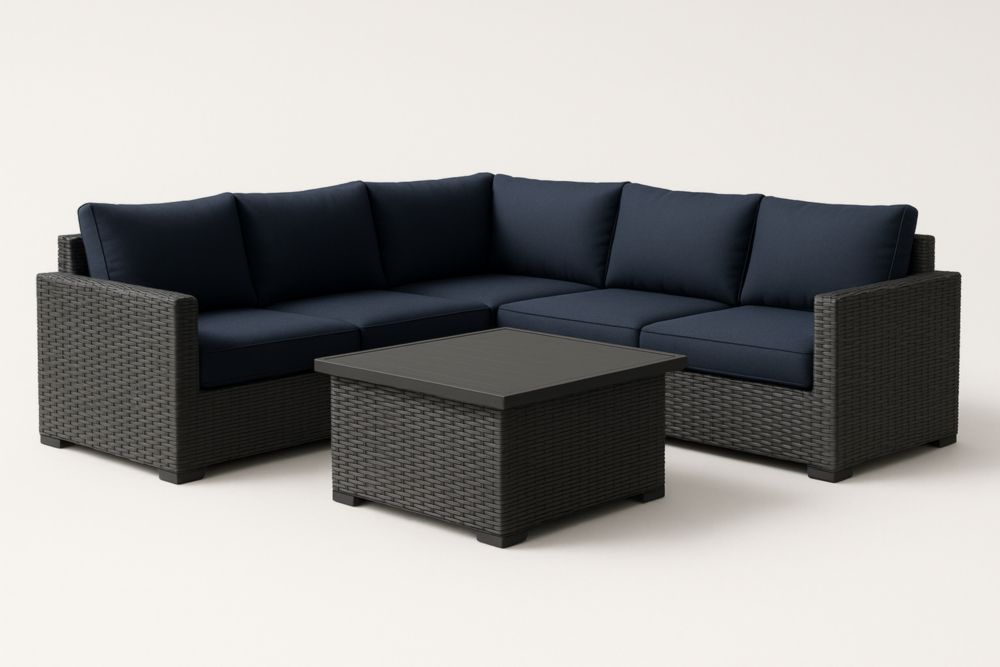 Set Divano Angolare con Tavolo in Polyrattan Nero e Cuscini Blu