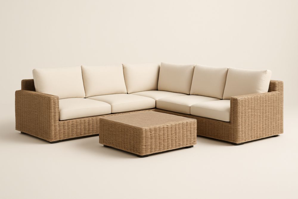 Divano angolare in rattan sintetico con cuscini in tessuto poliestere crema