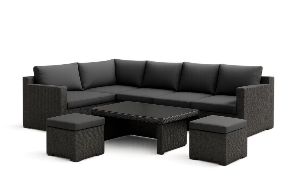 Set Divano Angolare in Polyrattan con Tavolino e Pouf Cuscini Neri