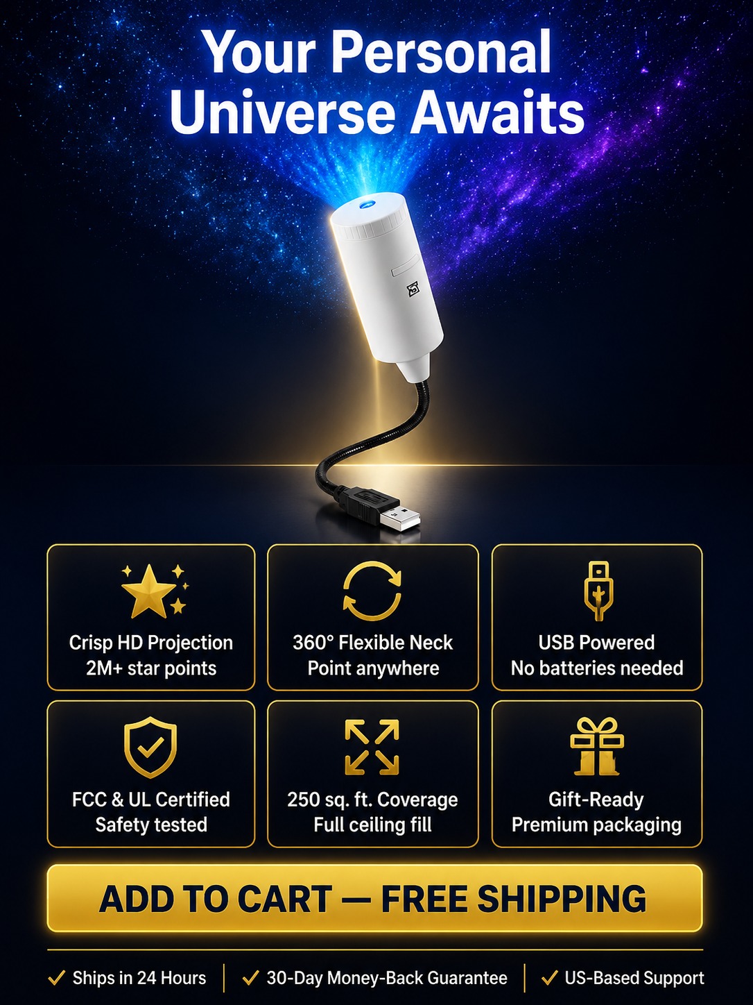 【Free shipping】HD Galaxy Star Projector with Full Moon | USB Plug-Play Car Ambient Light | 360 Flexible Gooseneck | FCC Certified Eye Safe 🌌🚗