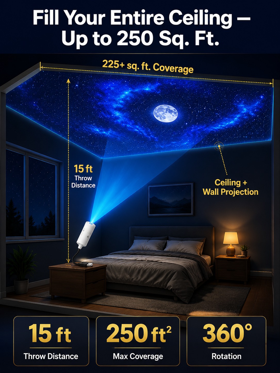 【Free shipping】HD Galaxy Star Projector with Full Moon | USB Plug-Play Car Ambient Light | 360 Flexible Gooseneck | FCC Certified Eye Safe 🌌🚗