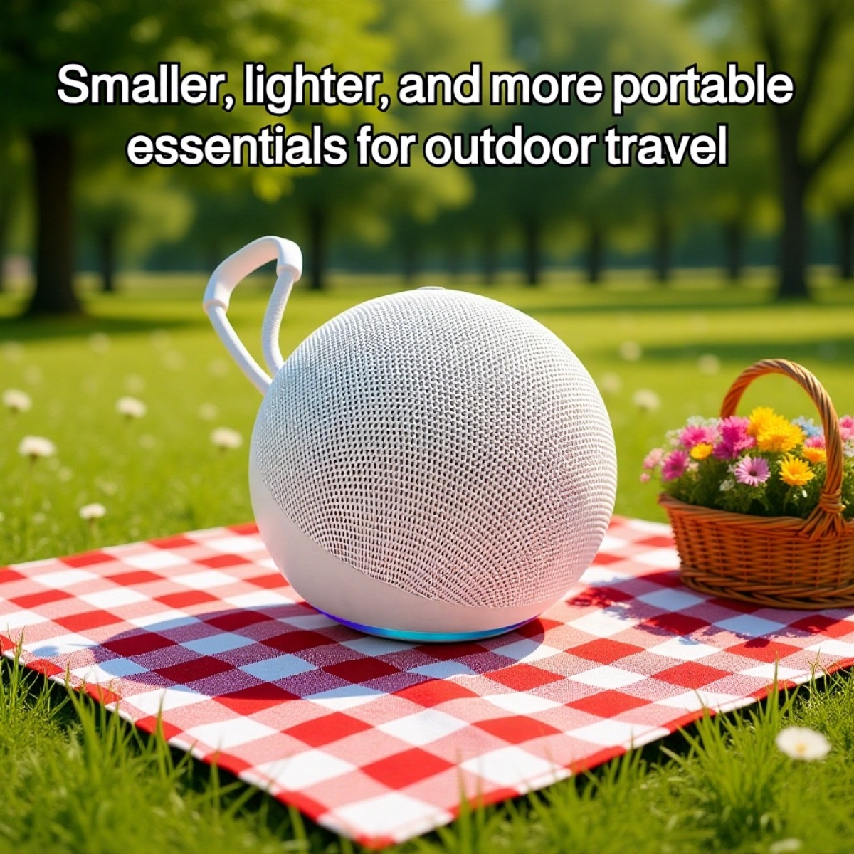 Mini speaker on picnic table