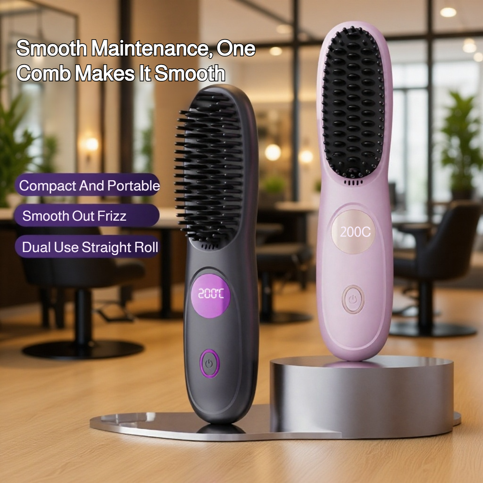 Cordless Ceramic Hair Straightener Brush with LCD Display