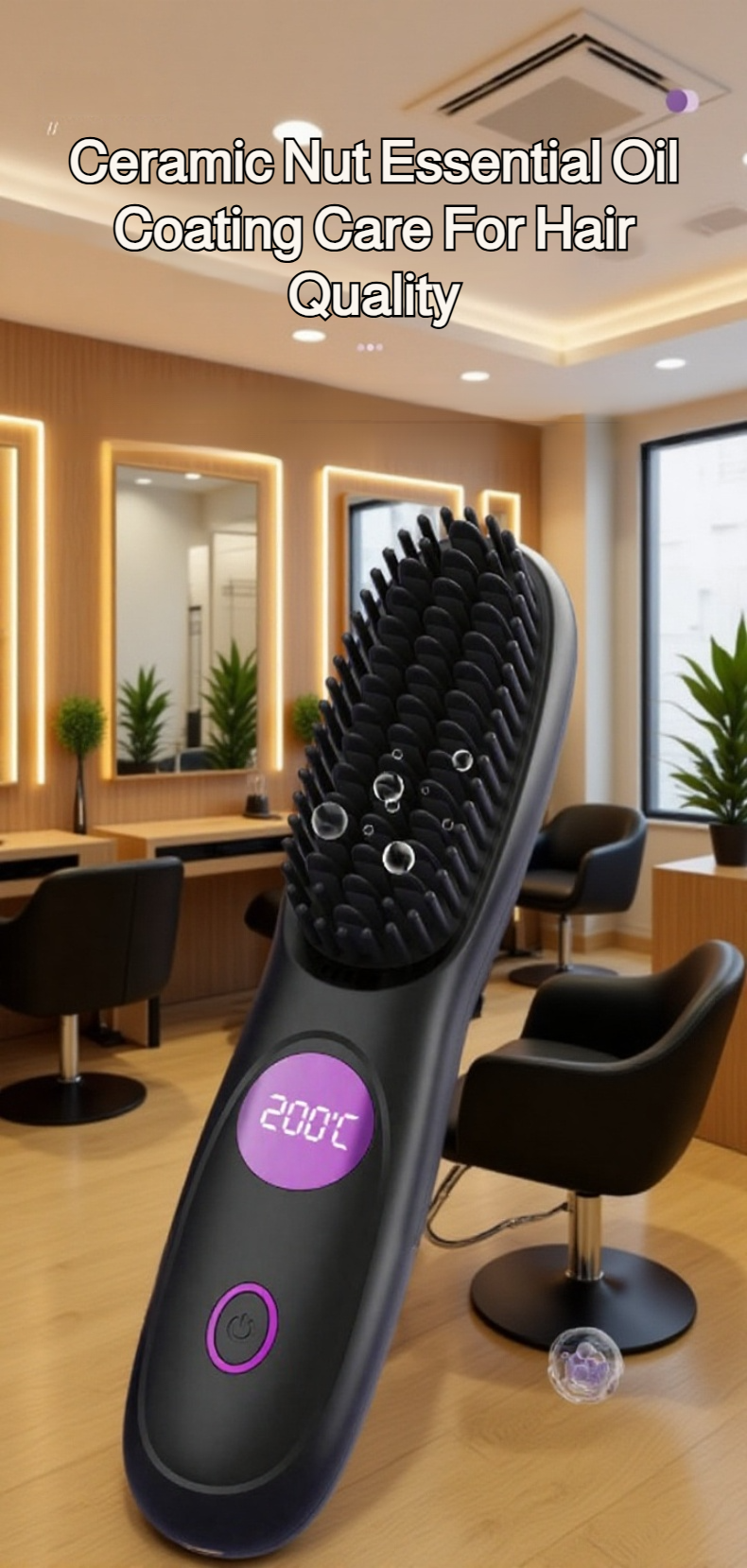 Rechargeable cordless hair straightener brush in use