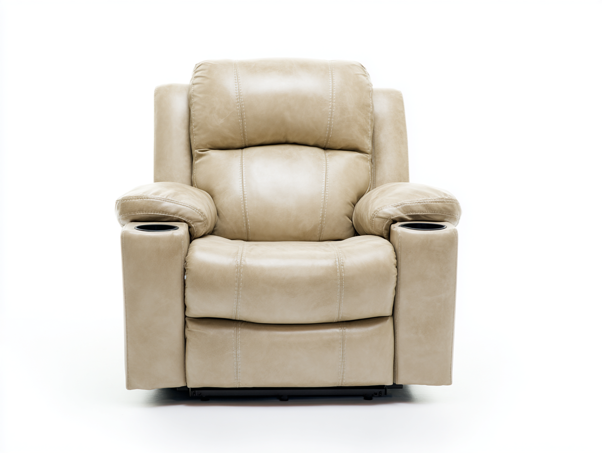 Poltrona reclinabile in vera pelle 85x95x105 cm - beige marrone - per soggiorno - stile moderno con funzione relax e portabicchieri-Homelyovae