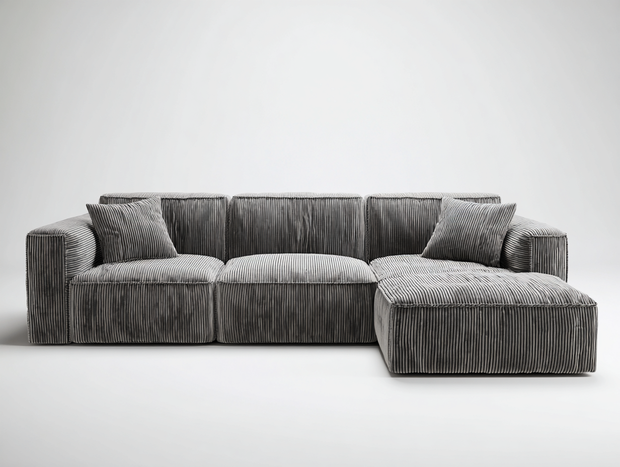 Divano angolare in tessuto a coste 290x165x78 cm - grigio scuro - per soggiorno - stile moderno con seduta ampia-Roomure