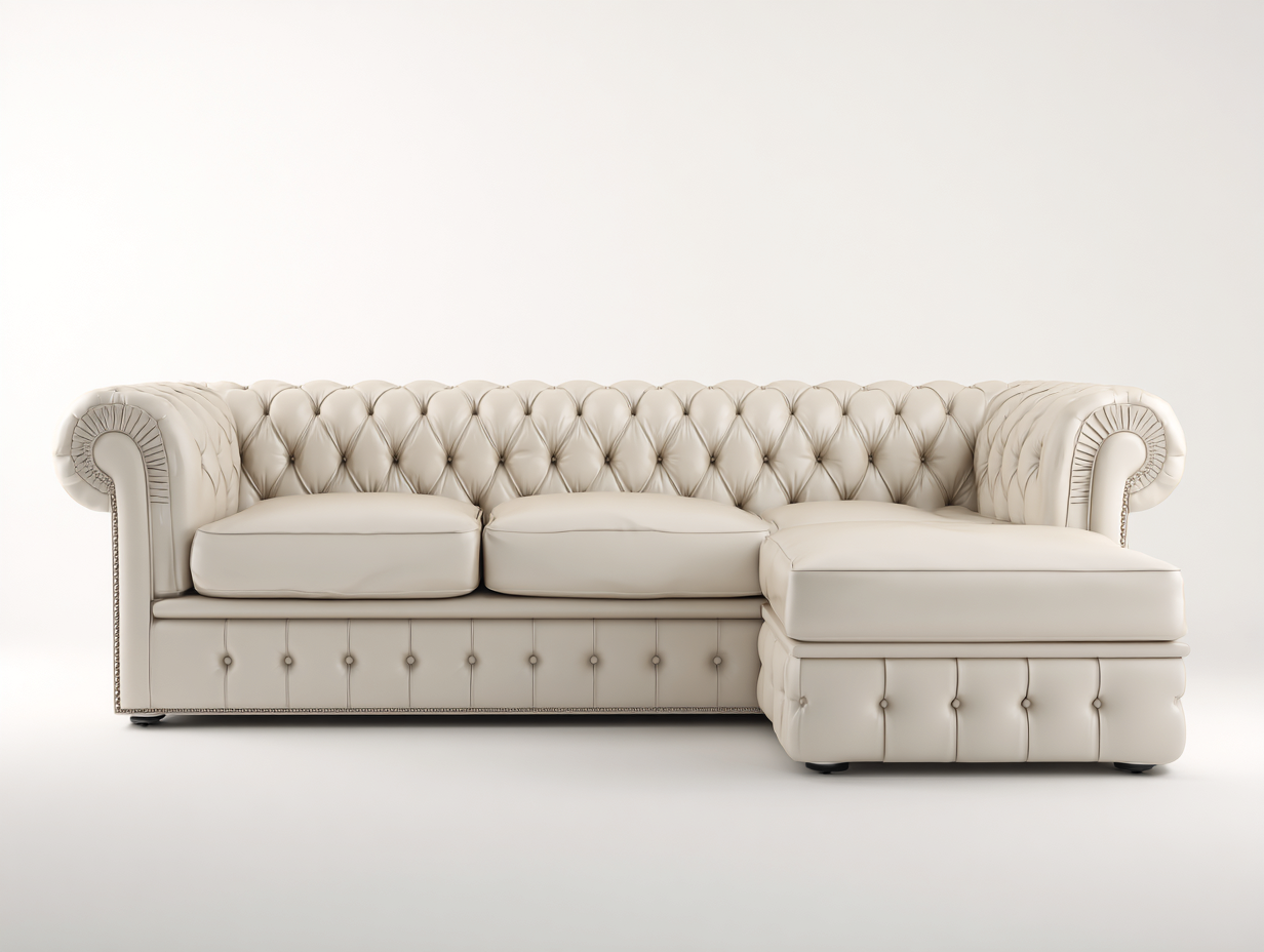 Divano angolare in vera pelle 295x170x78 cm - bianco avorio - per soggiorno - stile classico con lavorazione capitonné-Roomure