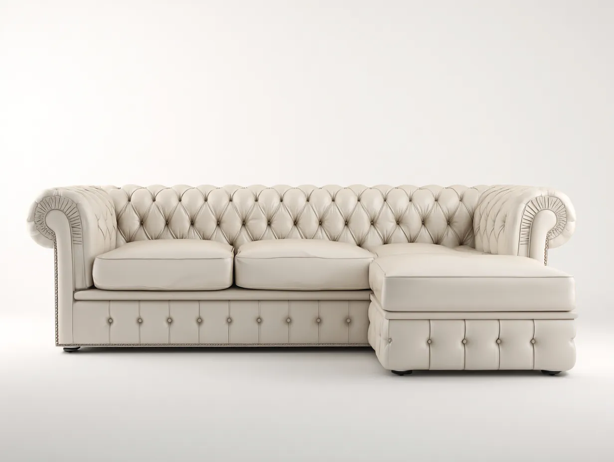 Divano angolare in vera pelle 295x170x78 cm - bianco avorio - per soggiorno - stile classico con lavorazione capitonné-Roomure