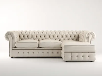 Divano angolare in vera pelle 295x170x78 cm - bianco avorio - per soggiorno - stile classico con lavorazione capitonné-Roomure