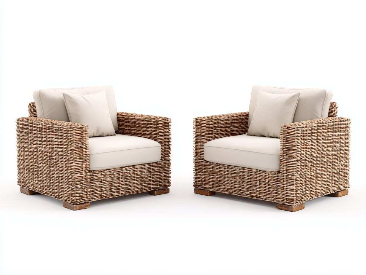 Set di 2 poltrone da giardino in rattan naturale 78x76x75 cm - naturale/bianco avorio - per esterno - struttura intrecciata con braccioli-Roomure