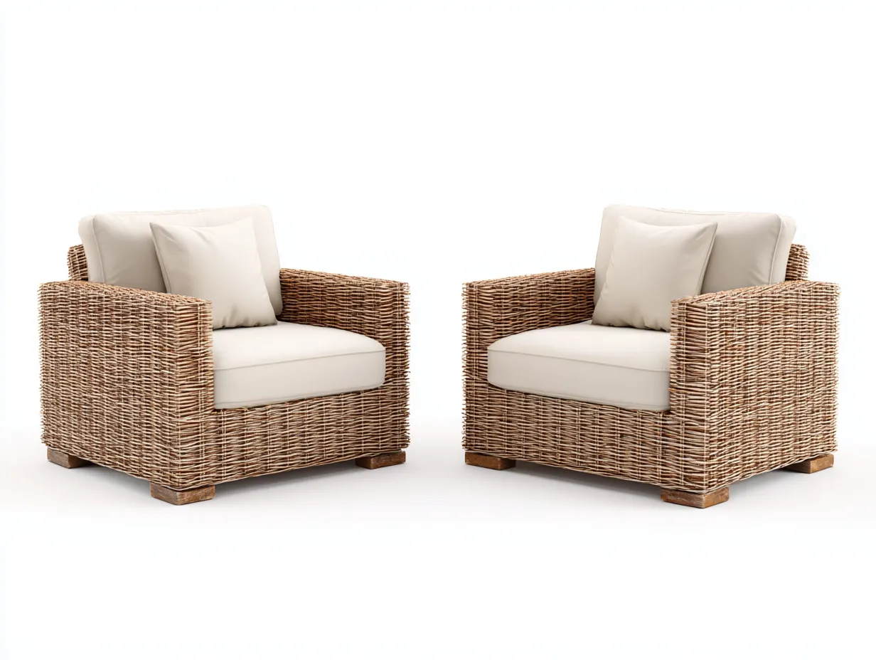 Set di 2 poltrone da giardino in rattan naturale 78x76x75 cm - naturale/bianco avorio - per esterno - struttura intrecciata con braccioli-Roomure