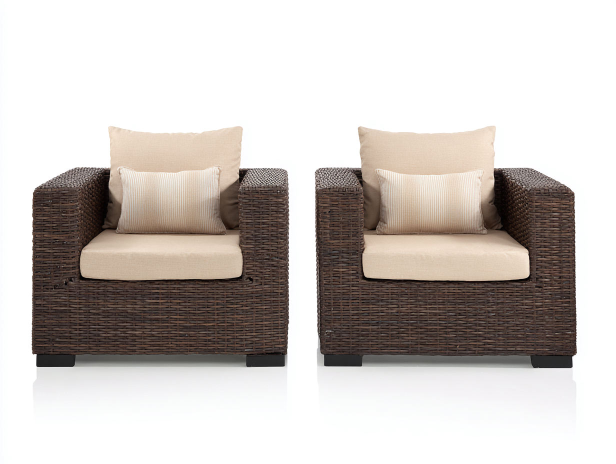 Set di 2 poltrone da giardino in rattan 80x78x74 cm - marrone scuro/bianco - per esterno - struttura intrecciata con seduta imbottita-Roomure