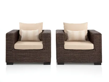 Set di 2 poltrone da giardino in rattan 80x78x74 cm - marrone scuro/bianco - per esterno - struttura intrecciata con seduta imbottita-Roomure