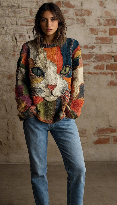 🐱🎨 Дамски артистичен свободен пуловер с пачуърк – Котешка муцуна 🧵✨